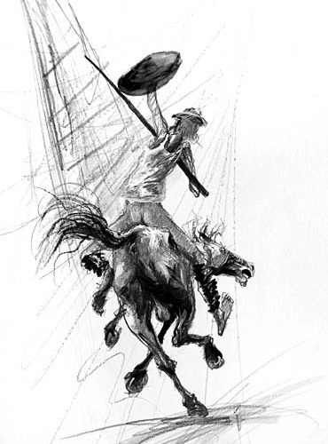 Dessin de Marcel Nino Pajot, Don Quichotte contre les Géants